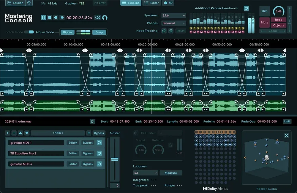 Interfaz de la aplicación Fiedler Audio Mastering Console para masterización Dolby Atmos, con la vista 3D de beds y objetos dinámicos y los medidores de sonoridad