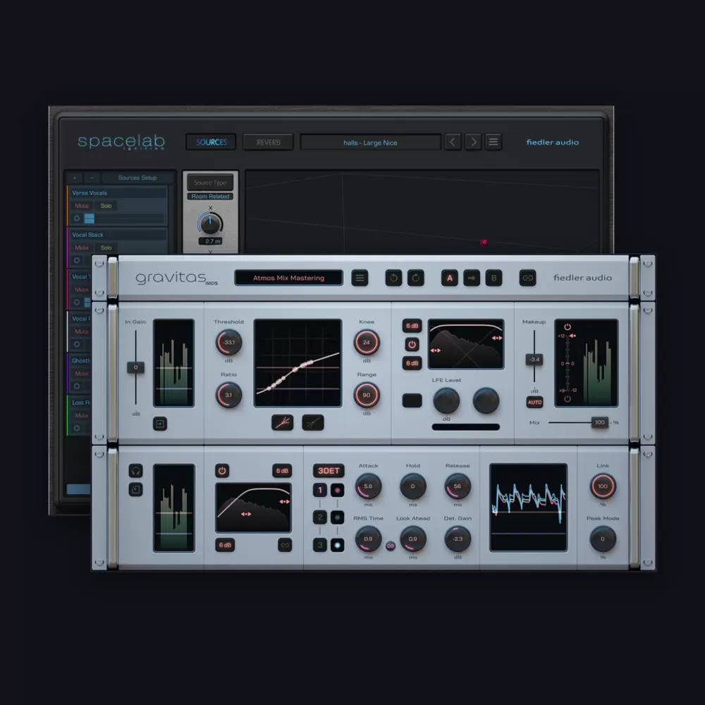 Interfaces de los plug-ins incluidos en el pack Fiedler Audio: Spacelab Ignition y gravitas MDS