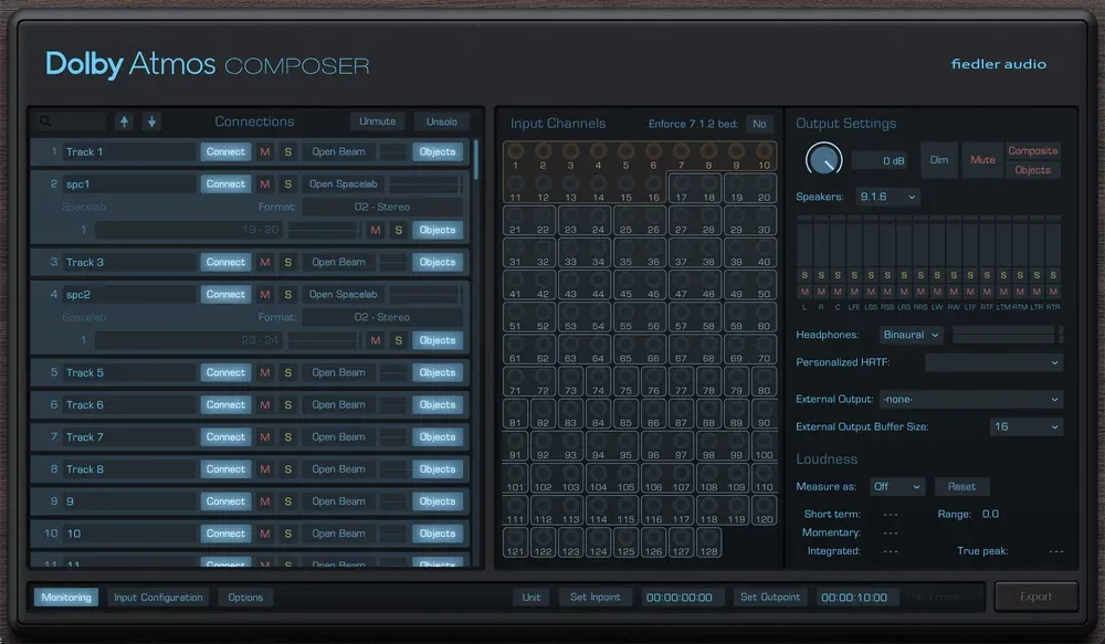 Interfaz del Dolby Atmos Composer de Fiedler Audio: columna Connections con pistas y botones Open Spacelab y Objects, grilla central de Input Channels numerada, y panel Output Settings con Speakers 9.1.6, Headphones en Binaural y seccion Loudness