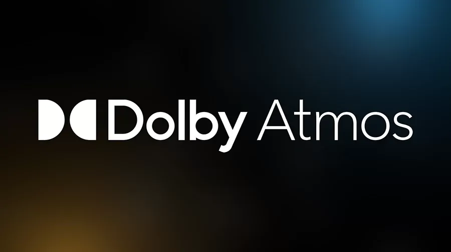 Logotipo de Dolby Atmos en blanco sobre fondo oscuro con degradado azul y ambar