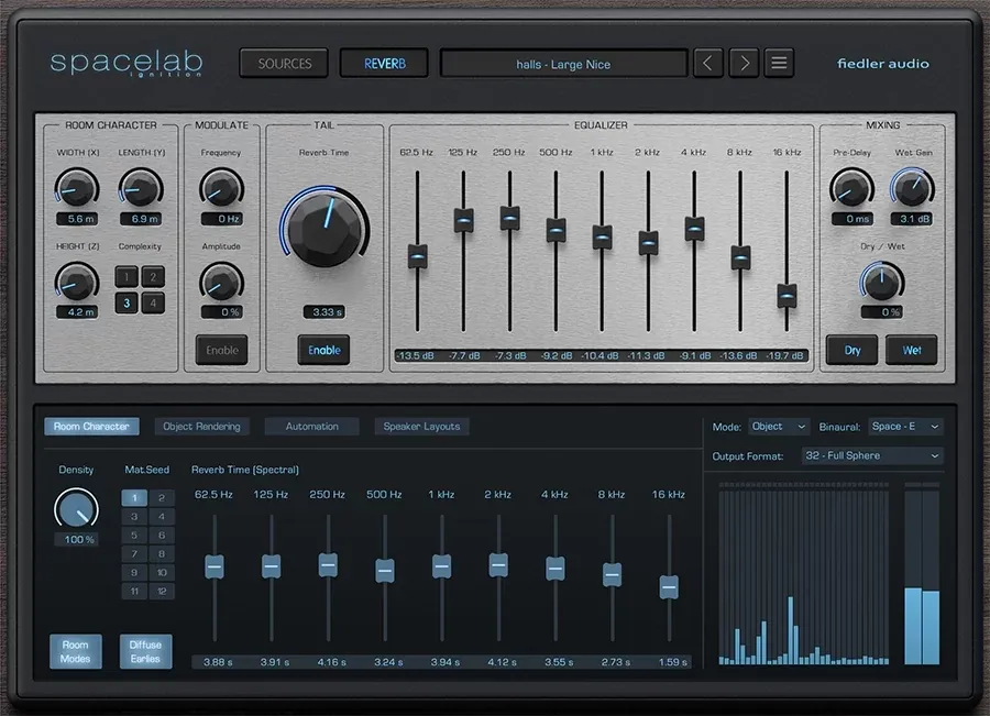 Pestana Reverb de Spacelab Ignition: seccion Room Character con Width 5.6 m, Length 6.9 m y Height 4.2 m, perilla Tail con Reverb Time en 3.33 s, ecualizador de 9 bandas de 62.5 Hz a 16 kHz y seccion Mixing con Pre-Delay y Wet Gain