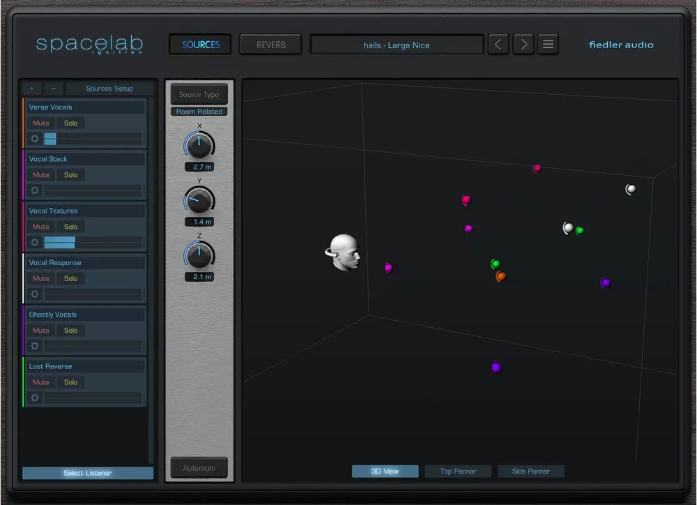 Interfaz del plug-in Fiedler Audio Spacelab Ignition en la pestaña Sources, con la lista de fuentes, las perillas X, Y y Z y la vista 3D con los objetos alrededor del oyente