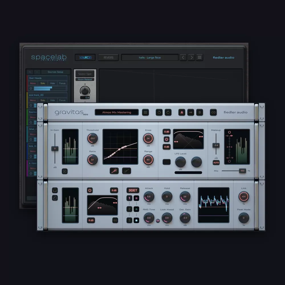 Interfaces de los plug-ins incluidos en el pack Fiedler Audio: Spacelab Interstellar y gravitas MDS