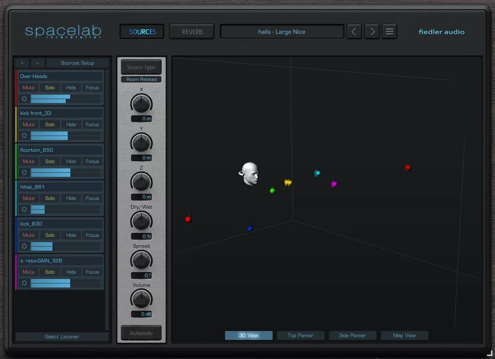 Plug-in Fiedler Audio Spacelab Interstellar, reverb 3D y paneo espacial por objetos con vista de esfera para ubicar fuentes alrededor del oyente