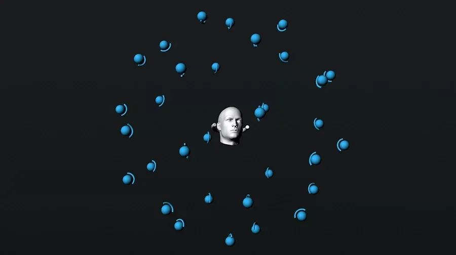 Cabeza de maniquí gris en el centro rodeada por 32 esferas azules distribuidas en una esfera completa, representando el layout de parlantes 32 - Full Sphere