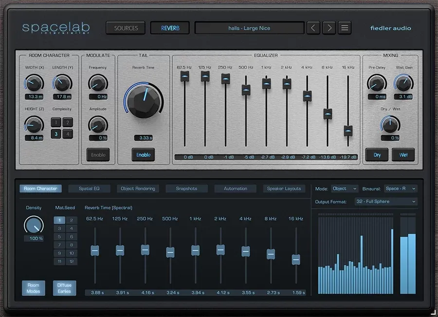 Interfaz de Spacelab Interstellar en la pestaña Reverb con las secciones Room Character, Modulate, Tail, ecualizador de 9 bandas y Mixing, y el panel Reverb Time Spectral abajo