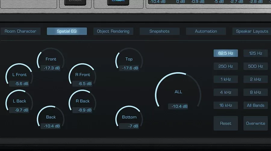 Panel Spatial EQ de Spacelab Interstellar con ocho perillas direccionales rotuladas L Front, Front, R Front, Top, L Back, Back, R Back y Bottom, una perilla ALL y el selector de bandas de 62.5 Hz a 16 kHz