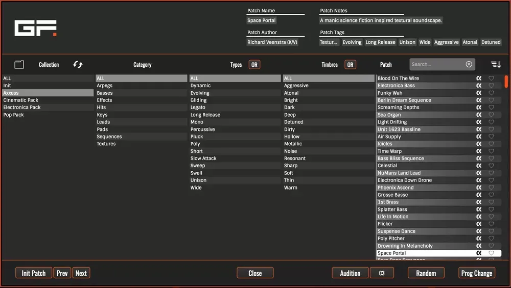 Navegador de presets del GForce Axxess con categorías y etiquetas