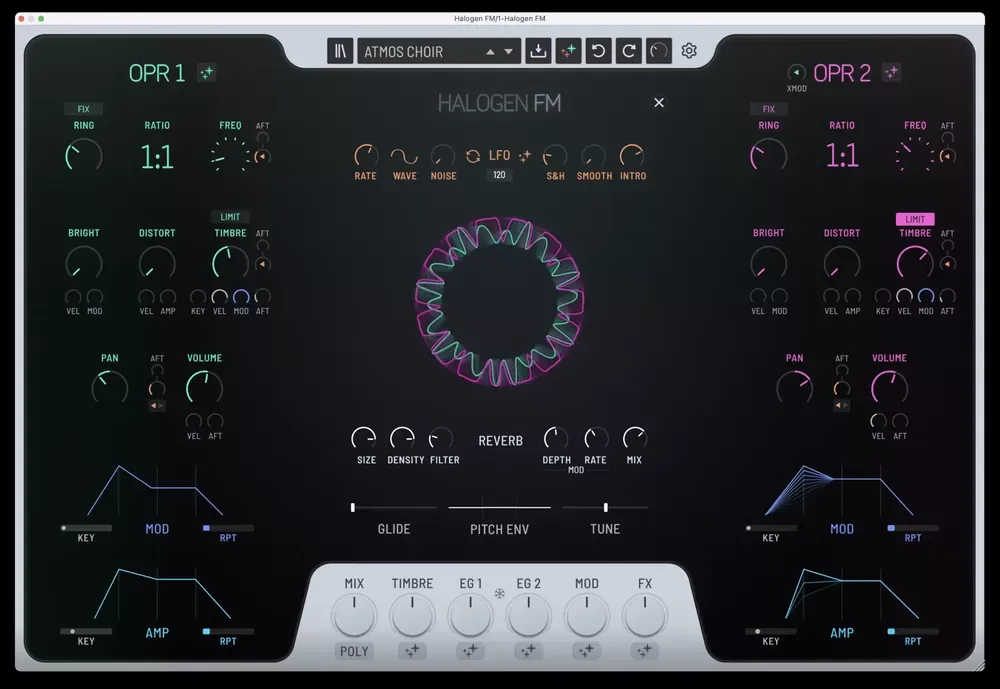 Panel de LFO y reverb del GForce Halogen FM