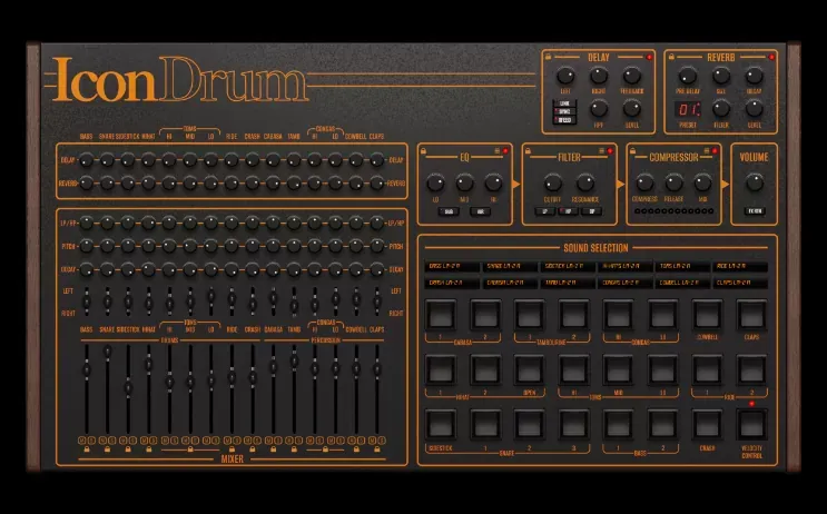 Panel de la caja de ritmos virtual GForce IconDrum con mezclador, selección de sonidos y efectos