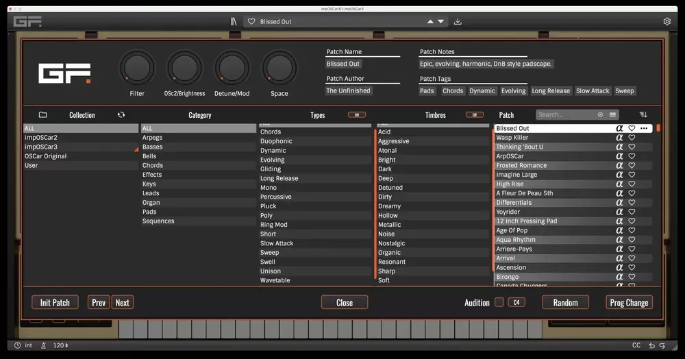 Navegador de patches del GForce impOSCar3 con más de 1.800 sonidos