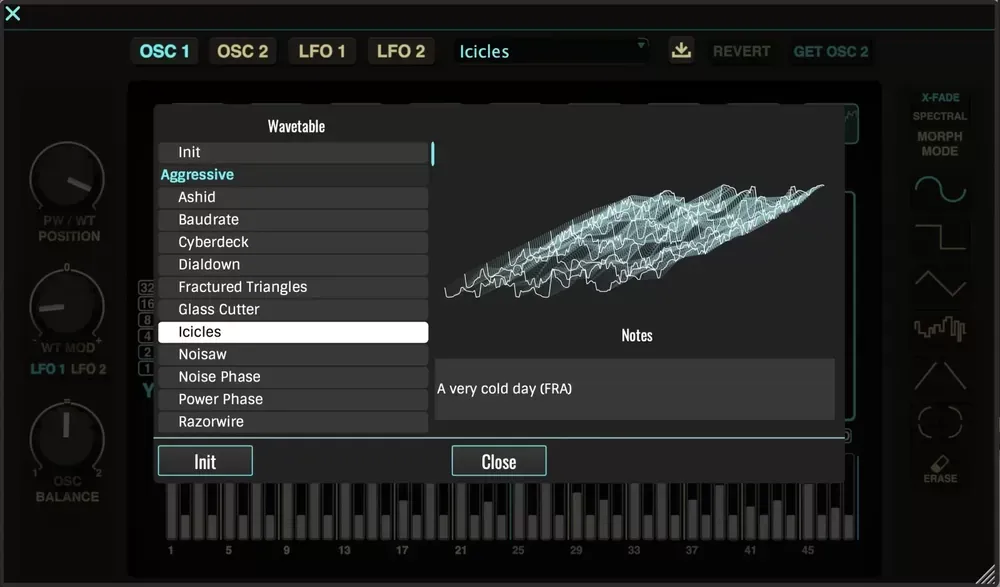 Navegador de presets de wavetable del GForce impOSCar3