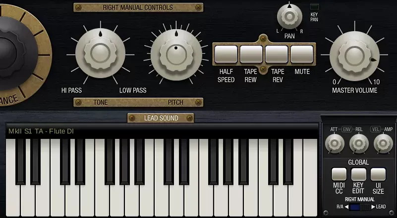 Manual derecho del GForce M-Tron MkII con sonido lead y controles globales
