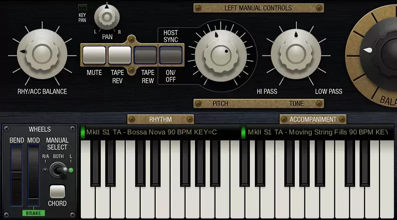 Manual izquierdo del GForce M-Tron MkII con secciones de ritmo y acompañamiento