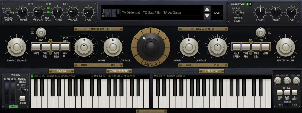 Interfaz completa del GForce M-Tron MkII con controles de ambos manuales, delay y reverb