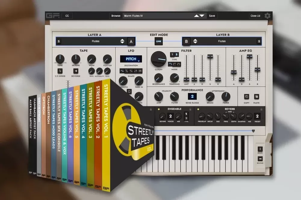 GForce M-Tron Pro Complete: instrumento M-Tron Pro IV junto a las cajas de los packs de expansión Streetly Tapes
