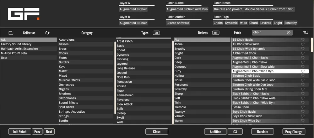 Navegador de presets y bancos de cinta del GForce M-Tron Pro IV
