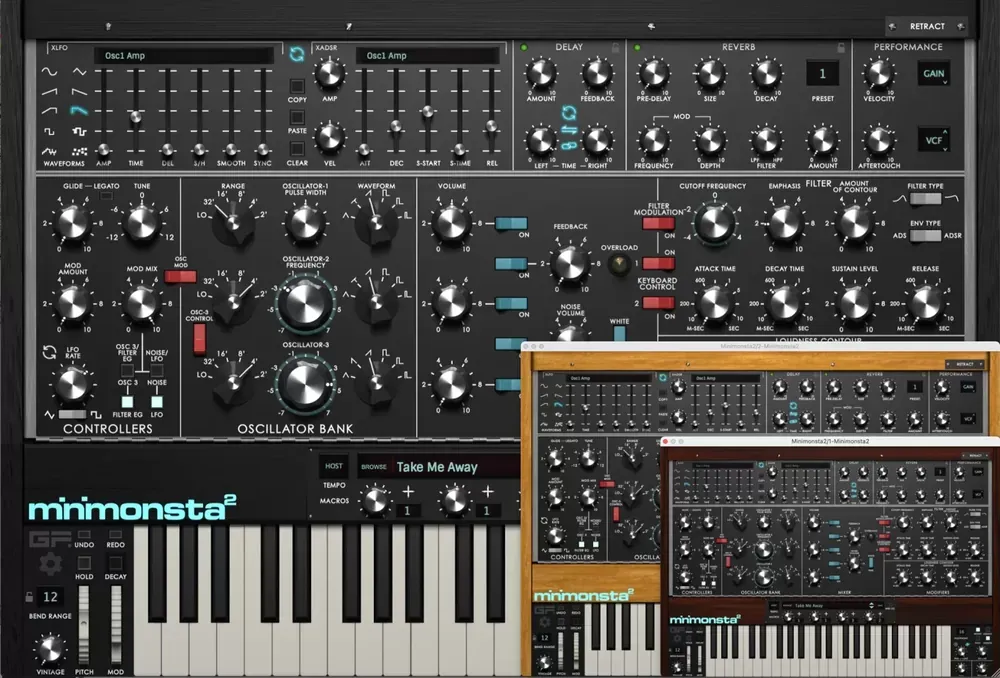 Panel del GForce Minimonsta2 con secciones X-LFO y X-ADSR e interfaz escalable