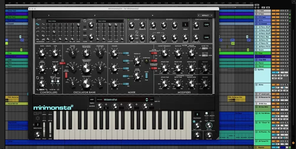 GForce Minimonsta2 cargado como plugin en una sesión de Ableton Live