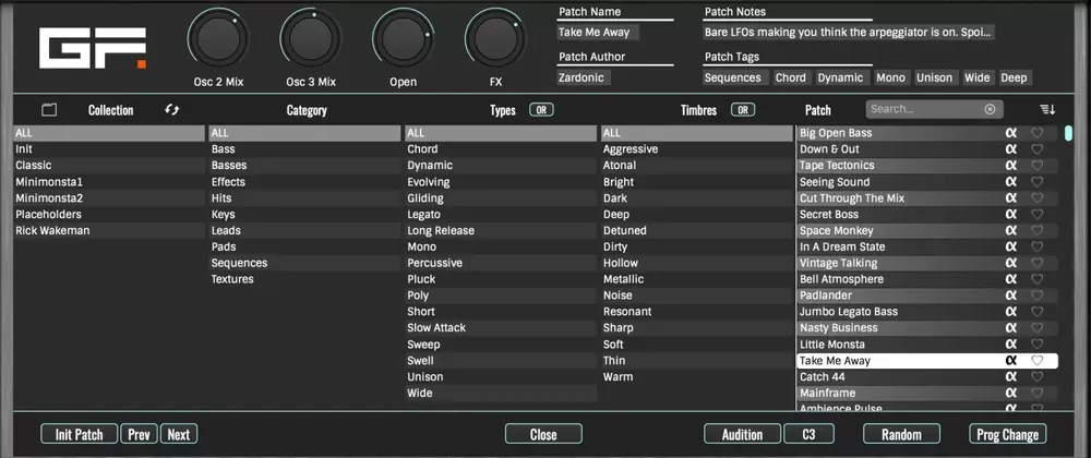 Navegador de presets del GForce Minimonsta2 con más de 800 sonidos