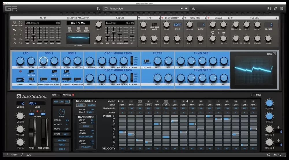 Secuenciador por pasos del GForce Novation Bass Station con control de pitch y velocity