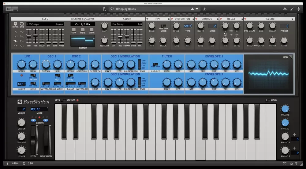 Panel del sintetizador virtual GForce Novation Bass Station con osciladores, filtro y envolventes