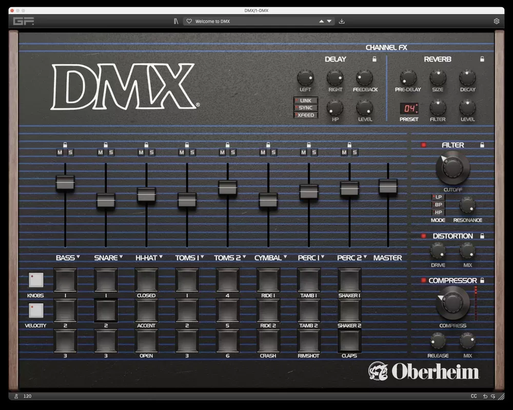 Mixer de faders del GForce Oberheim DMX con ocho pistas y canal master