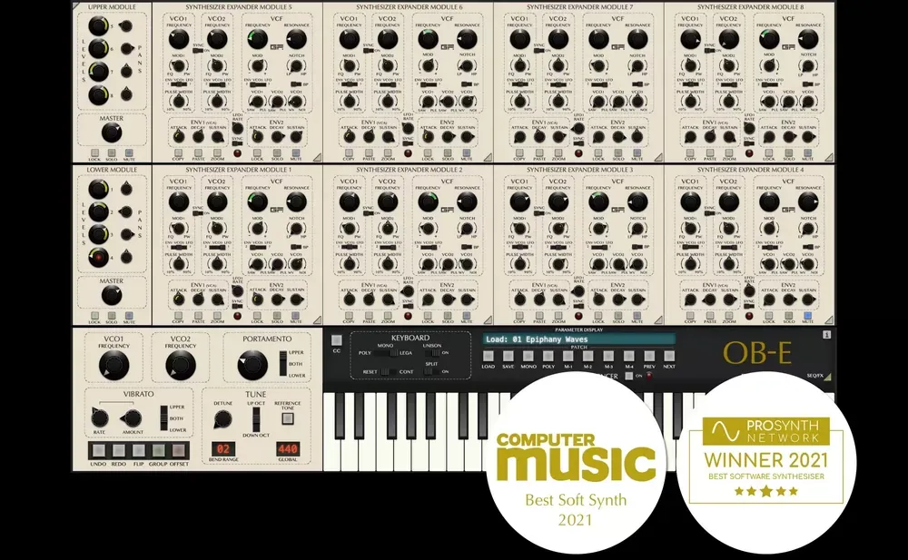 Interfaz completa del GForce Oberheim OB-E con sus ocho módulos SEM y premios Best Soft Synth 2021