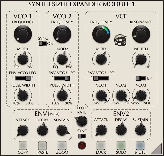 Módulo SEM del GForce Oberheim OB-E con secciones VCO 1, VCO 2 y VCF
