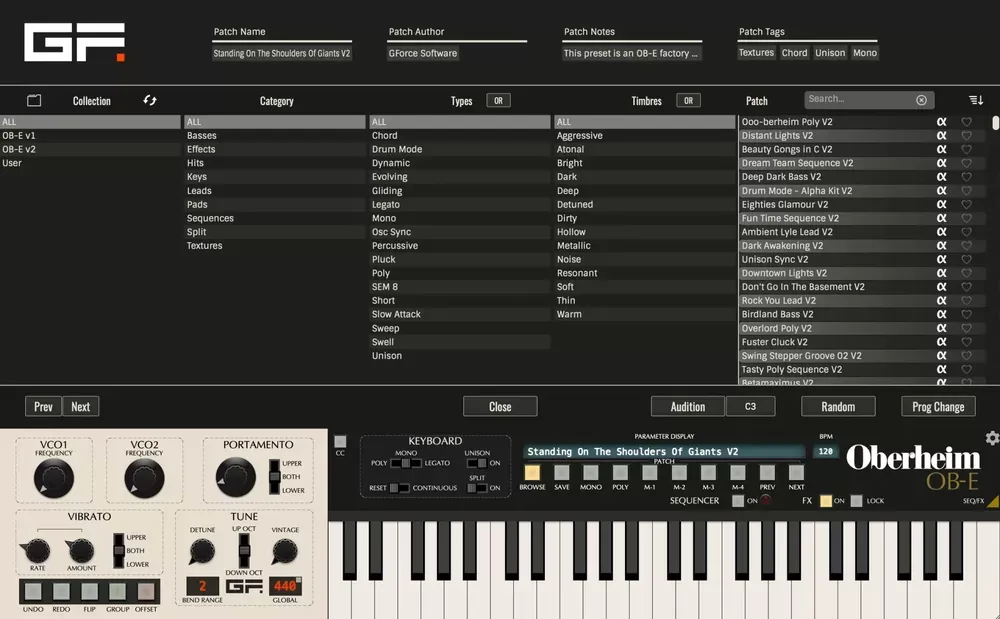 Navegador de presets del GForce Oberheim OB-E con categorías, tipos y timbres