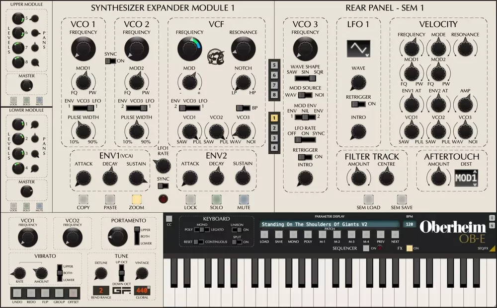 Vista ZOOM del GForce Oberheim OB-E con panel frontal y trasero del SEM 1