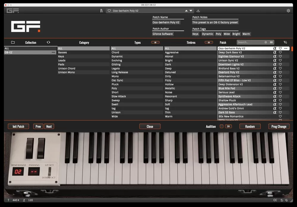 Navegador de presets del GForce Oberheim OB-EZ con categorías, tipos y timbres