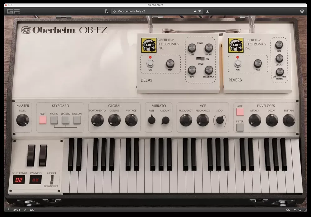 Interfaz del GForce Oberheim OB-EZ con teclado, efectos de delay y reverb