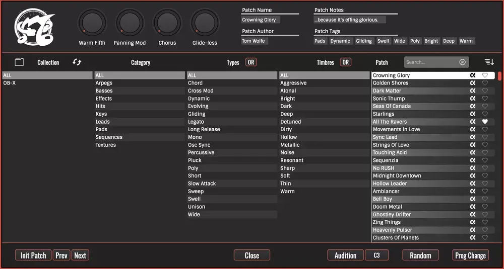 Navegador de presets del GForce Oberheim OB-X con categorías, tipos y timbres