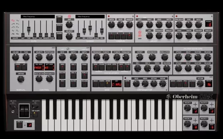 Interfaz completa del sintetizador virtual GForce Oberheim OB-X