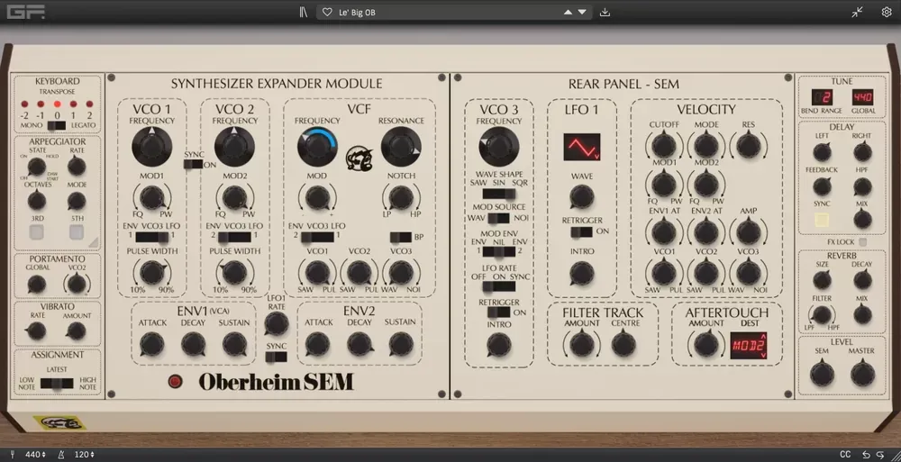Vista extendida del GForce Oberheim SEM con panel trasero, VCO 3, LFO y efectos