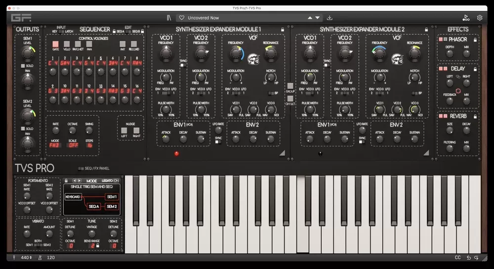 Panel principal del sintetizador virtual duofónico GForce Oberheim TVS Pro