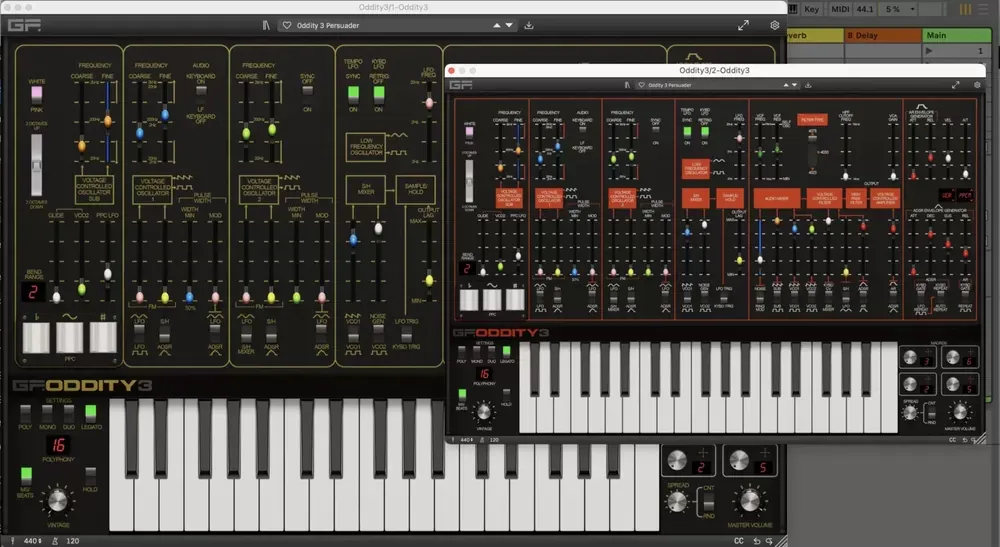 Interfaz escalable del GForce Oddity3 con dos skins en una DAW