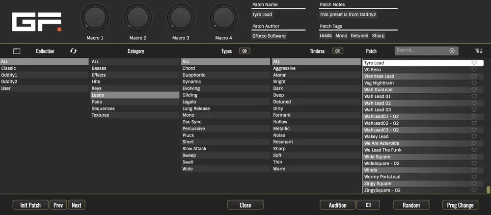 Navegador de presets del GForce Oddity3 con más de 2.000 sonidos