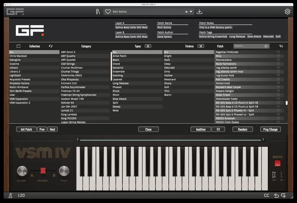 Navegador de patches e instrumentos del GForce VSM IV