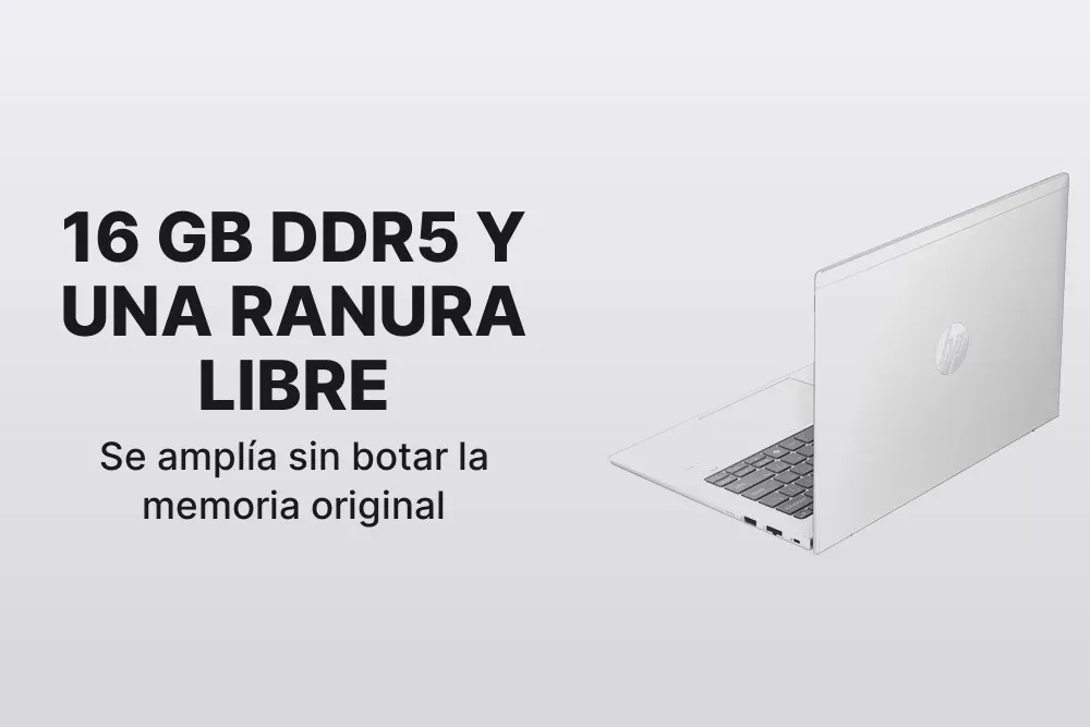 HP ProBook 440 G11 visto por detrás, con una ranura de memoria libre