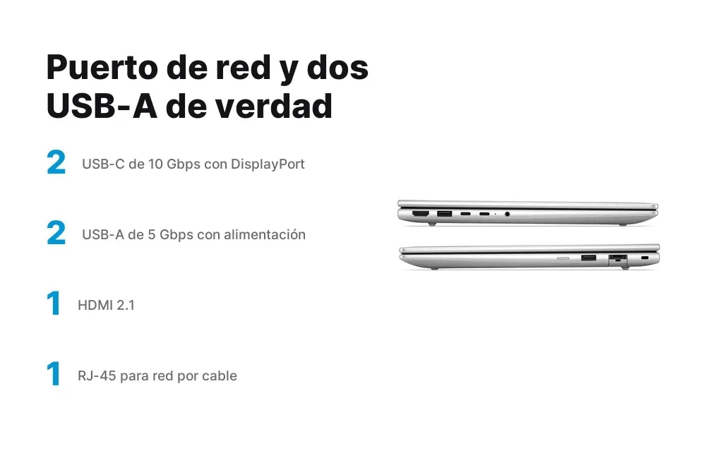Puertos del HP ProBook 4 AI G2a, con RJ-45 y USB-A