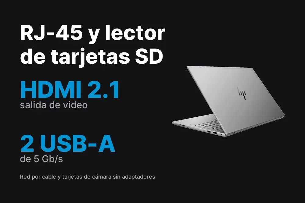 Puertos del HP ZBook X G1i: RJ-45, HDMI 2.1 y lector SD
