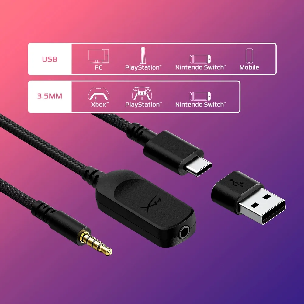 Cable de 3,5 mm, llave USB-C y adaptador USB-A de los HyperX Cloud III