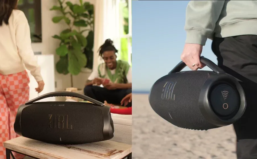 JBL Boombox 3 Wi-Fi en el living y llevado de la manilla