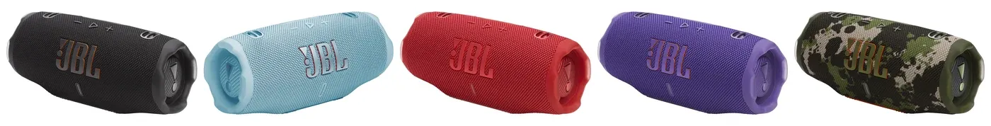 Los cinco colores del JBL Charge 6: negro, celeste, rojo, morado y camuflado