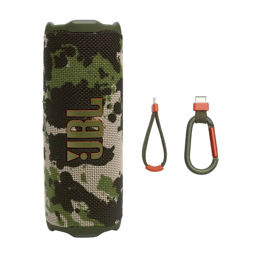 JBL Flip 7 camuflaje con su correa y su mosquetón