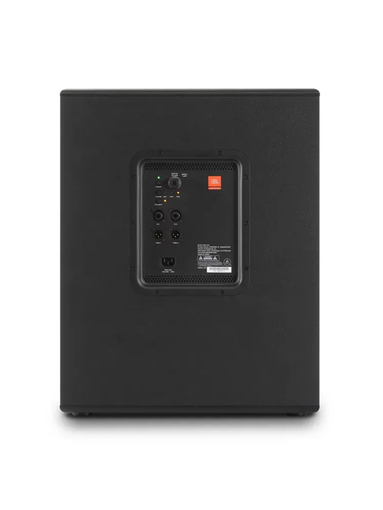 Panel trasero del JBL IRX115S con el selector de cruce y el interruptor de polaridad