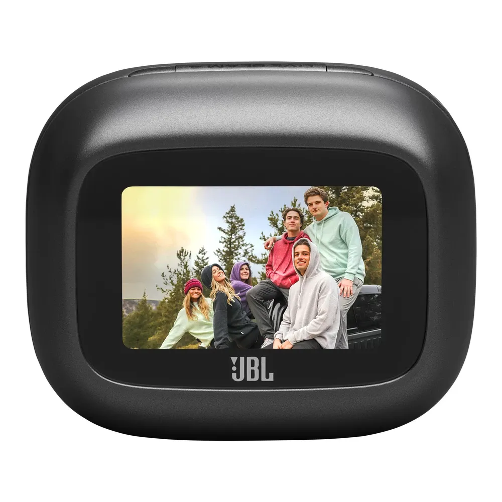 Estuche de los JBL Live Beam 4 negros con la pantalla encendida