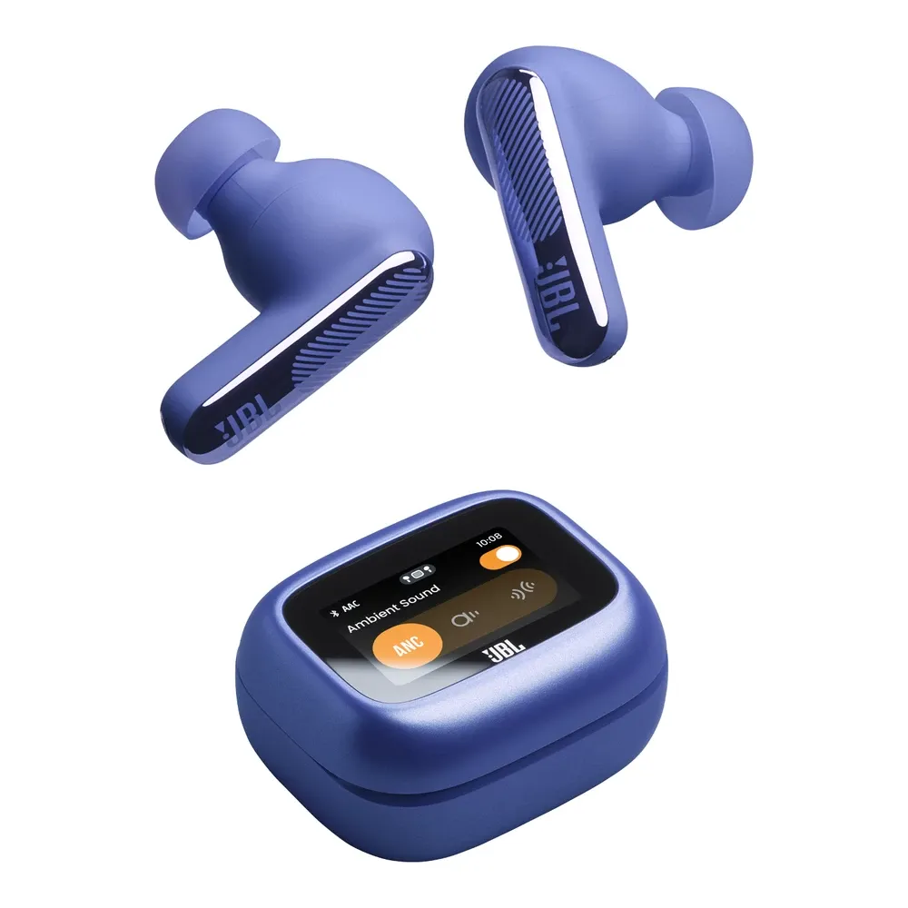 Audífonos JBL Live Beam 4 azules junto a su estuche con pantalla